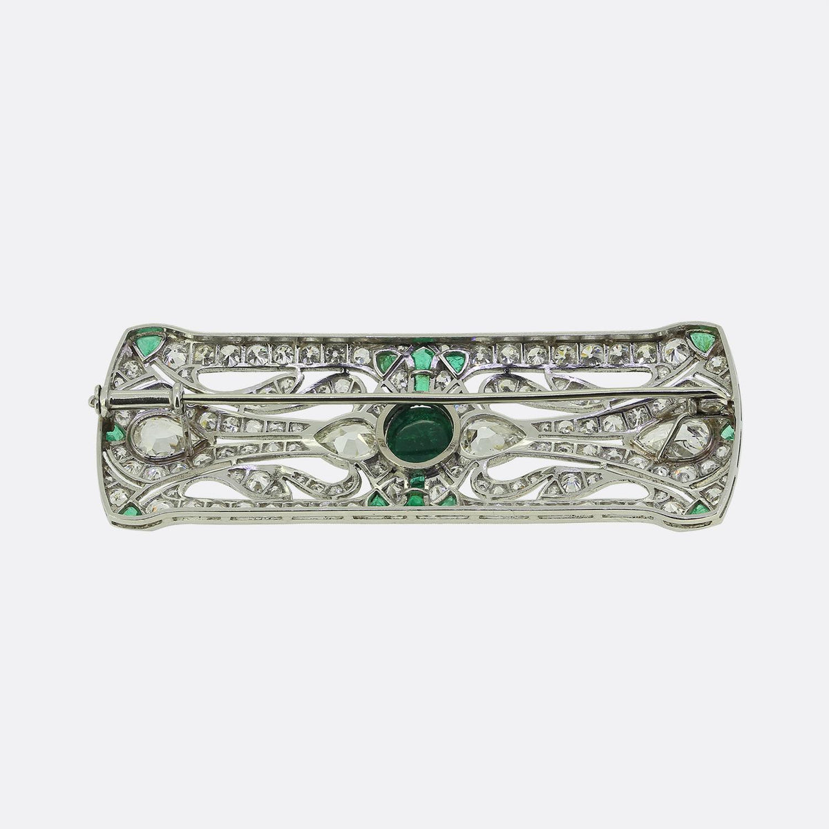 Art Deco Cabochon Emerald and Old Pear Cut Diamond Brooch