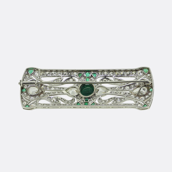 Art Deco Cabochon Emerald and Old Pear Cut Diamond Brooch