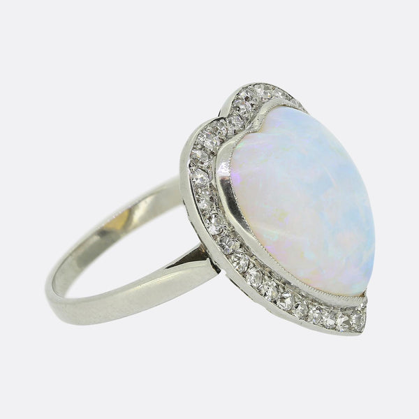 French Art Deco Heart Opal and Diamond Cluster Ring