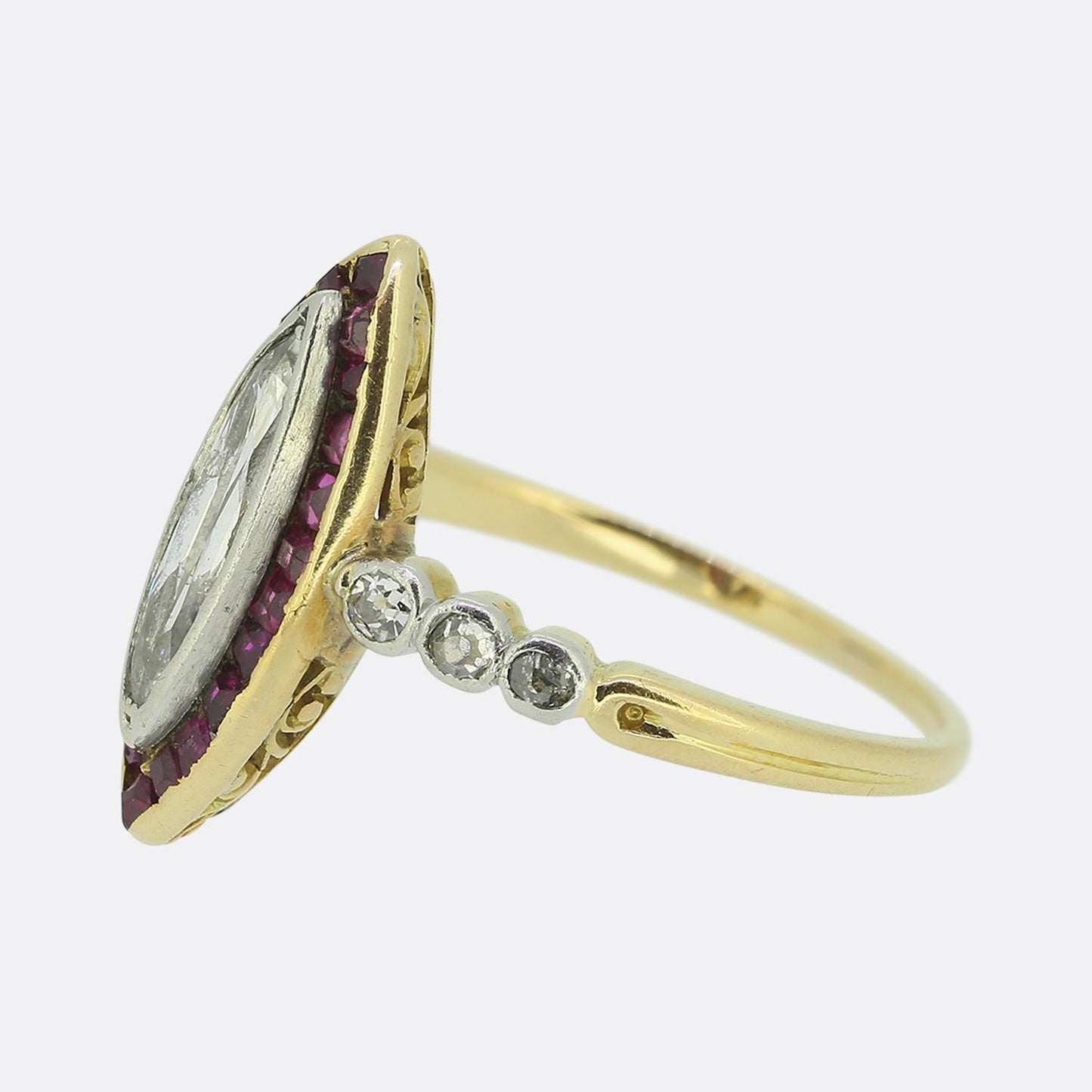 Edwardian Portrait Marquise Cut Diamond and Ruby Ring