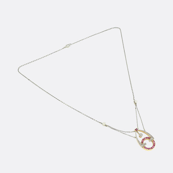 Art Deco Ruby Pearl and Diamond Necklace