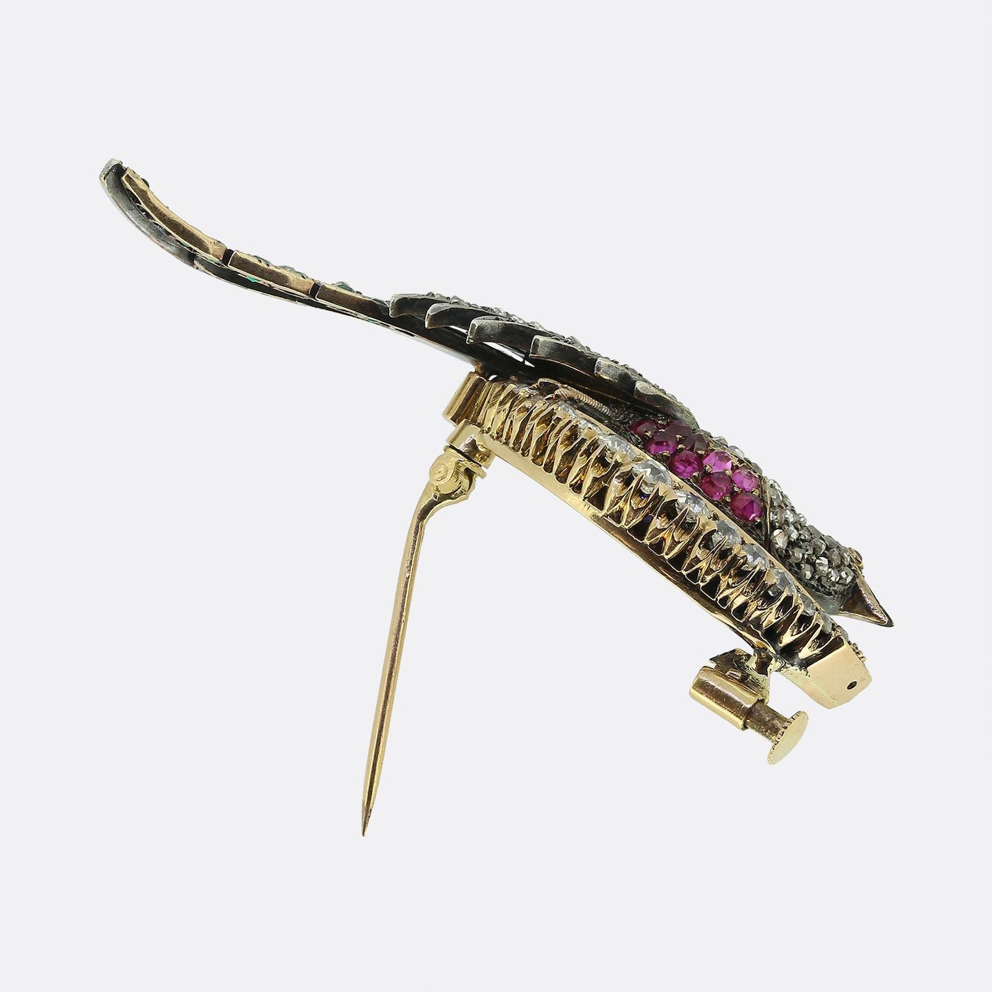 Victorian Ruby Emerald and Diamond Peacock Crescent Brooch