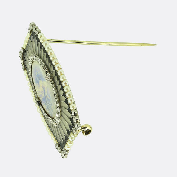 Belle Époque Pearl and Diamond Miniature Portrait Brooch