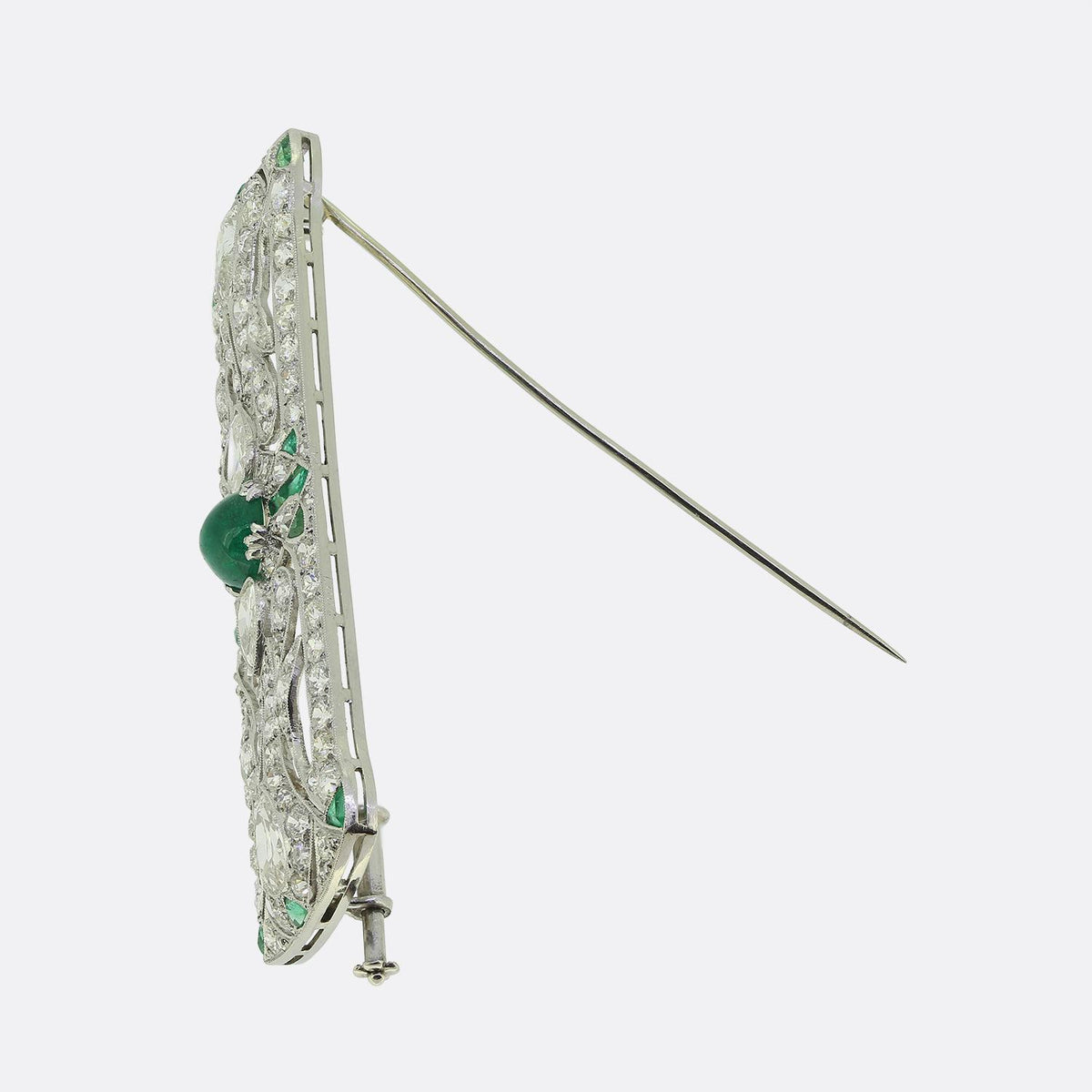 Art Deco Cabochon Emerald and Old Pear Cut Diamond Brooch