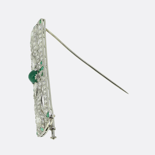 Art Deco Cabochon Emerald and Old Pear Cut Diamond Brooch