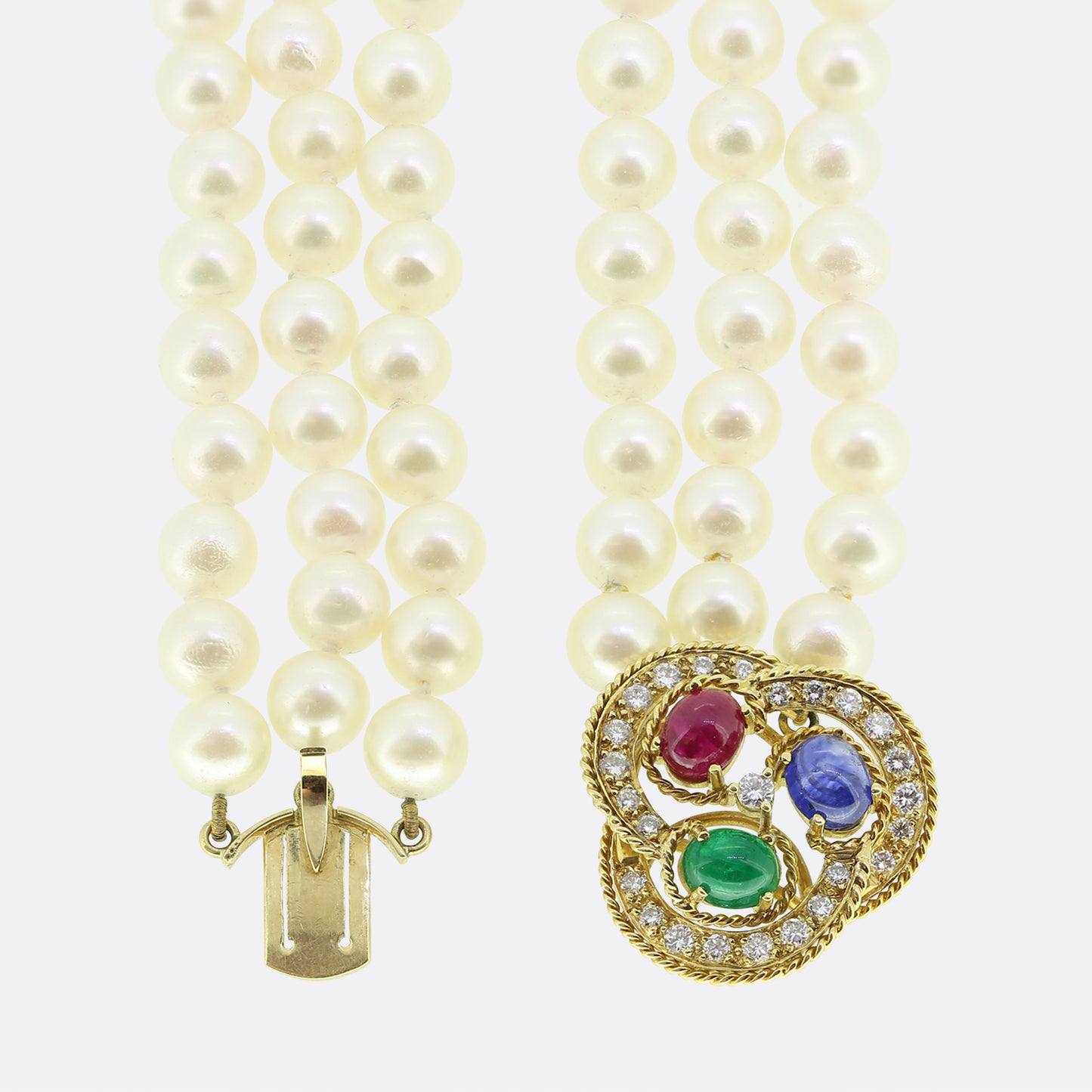 Vintage Cultured Pearl Necklace and Muli Gemstone Clasp