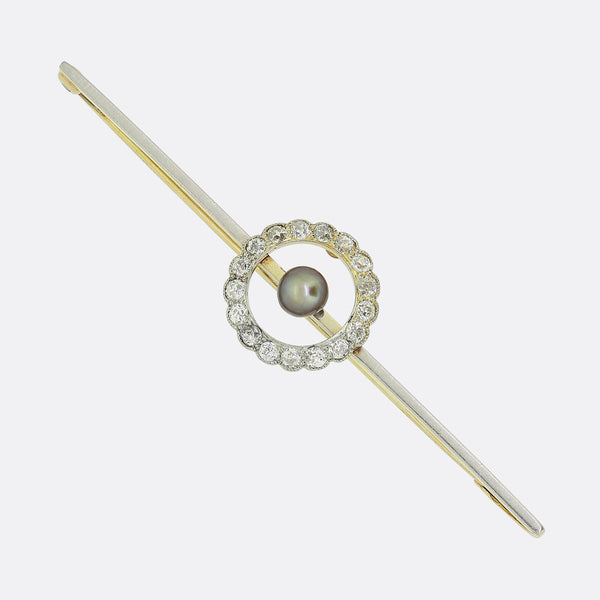 Edwardian Black Pearl and Diamond Bar Brooch