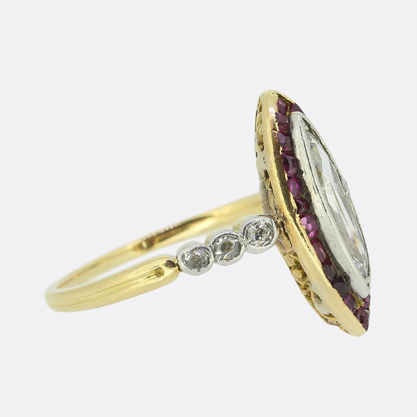 Edwardian Portrait Marquise Cut Diamond and Ruby Ring