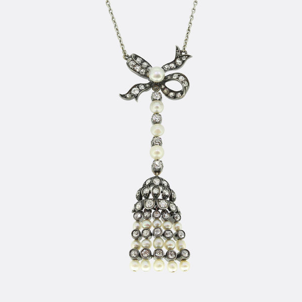 Antique Pearl and Diamond Drop Pendant Necklace