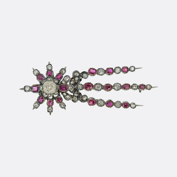 Victorian Burmese Ruby and Diamond Shooting Star Brooch