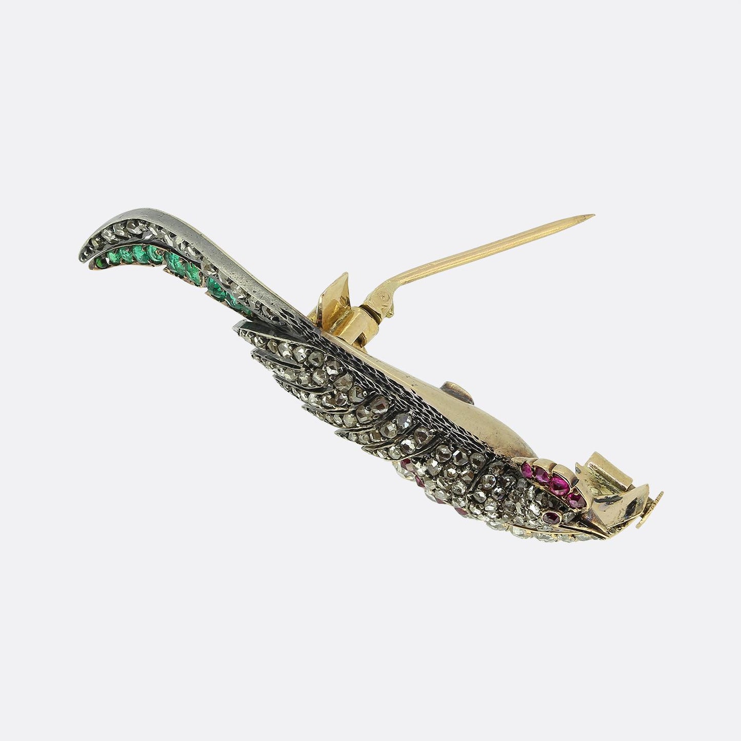 Victorian Ruby Emerald and Diamond Peacock Crescent Brooch