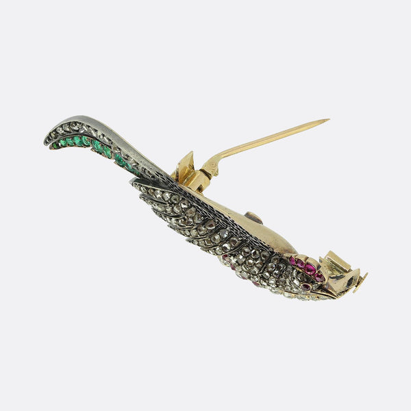 Victorian Ruby Emerald and Diamond Peacock Crescent Brooch