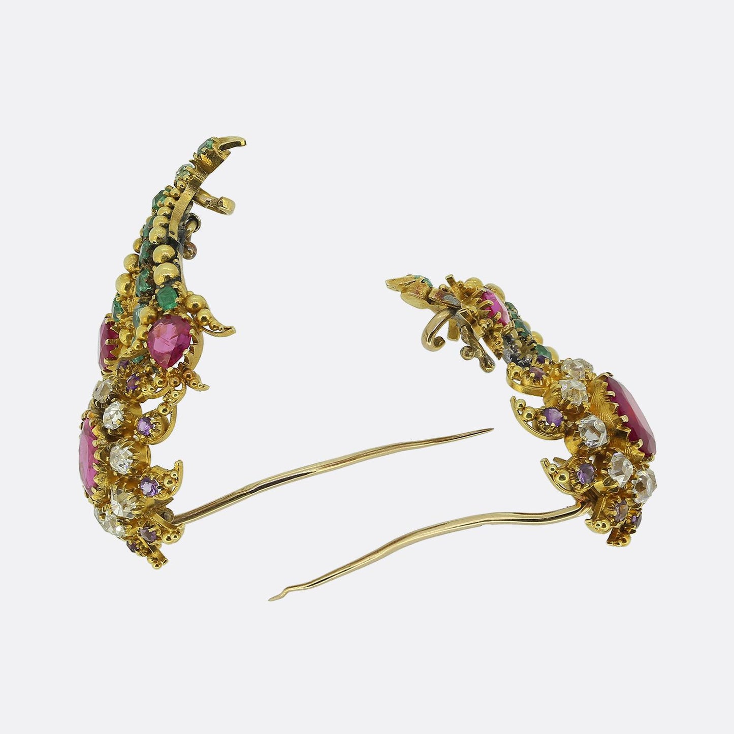 Antique Burmese Ruby and Multi Gemstone Flower Brooch Set