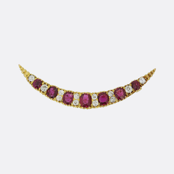 Edwardian Natural Ruby and Diamond Crescent Brooch