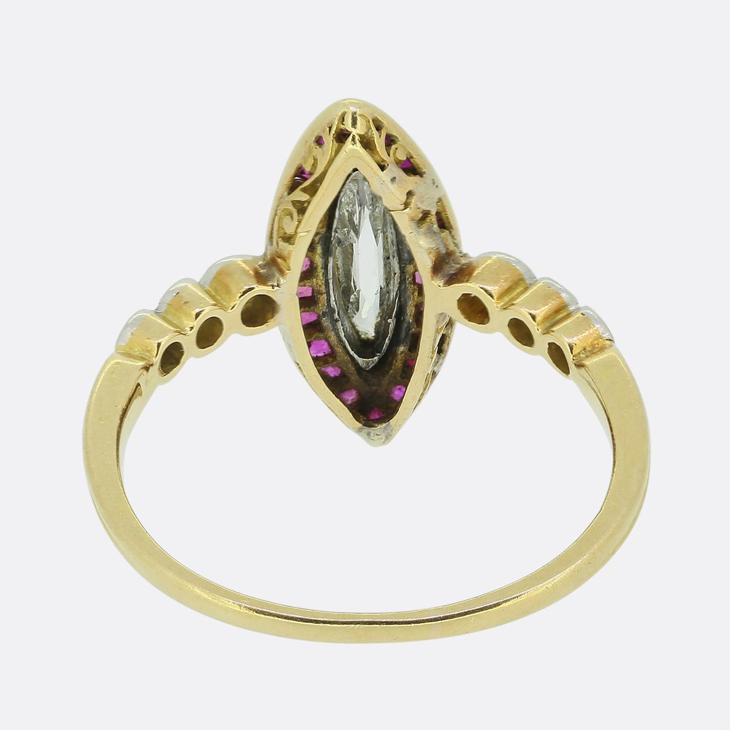Edwardian Portrait Marquise Cut Diamond and Ruby Ring