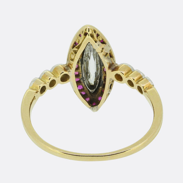 Edwardian Portrait Marquise Cut Diamond and Ruby Ring
