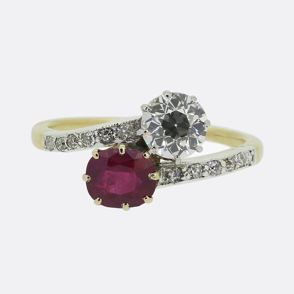 Edwardian Ruby and Diamond Two-Stone Crossover Ring