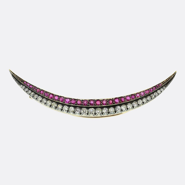 Victorian Ruby and Pearl Crescent Brooch