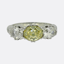 Early 20th Century Vivid Yellow Green Diamond Three-Stone Ring