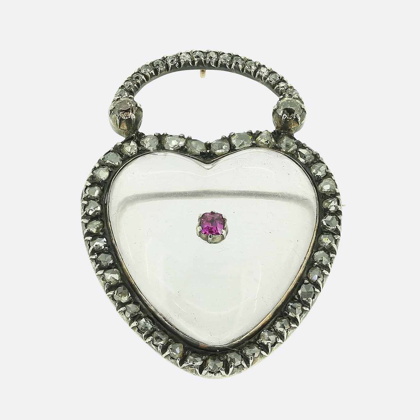 Georgian Ruby Diamond and Rock Crystal Heart Pendant Brooch