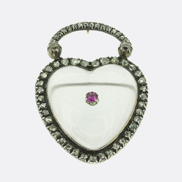 Georgian Ruby Diamond and Rock Crystal Heart Pendant Brooch