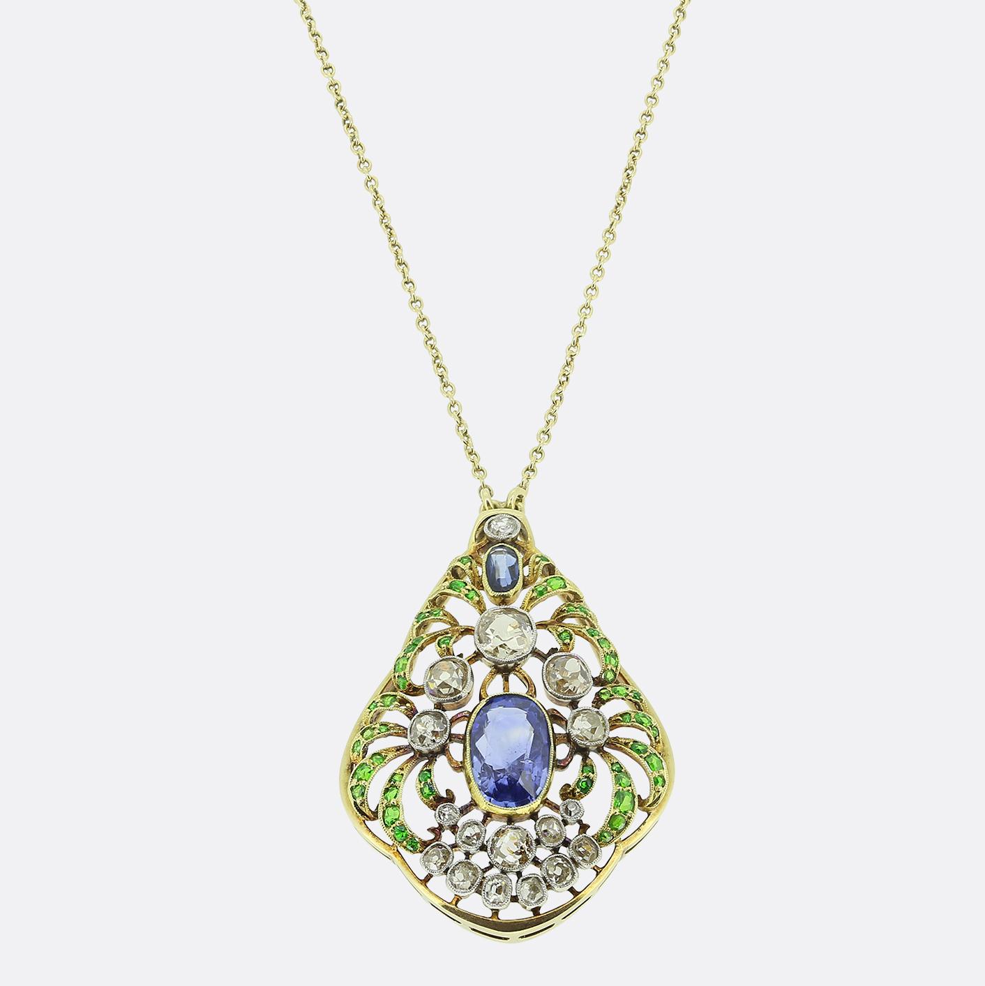 Art Nouveau Sapphire Diamond and Demantoid Garnet Pendant Necklace