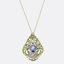 Art Nouveau Sapphire Diamond and Demantoid Garnet Pendant Necklace
