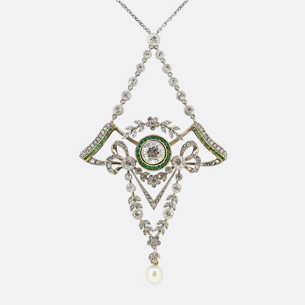 Art Deco Emerald Pearl and Diamond Lavalier Necklace