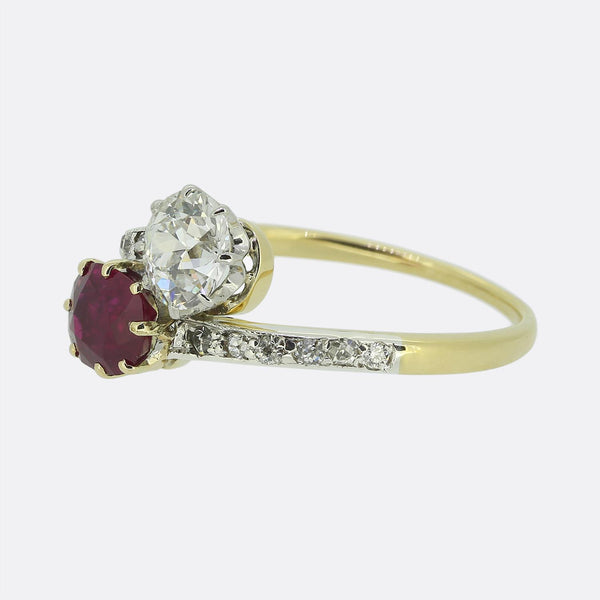 Edwardian Ruby and Diamond Two-Stone Crossover Ring