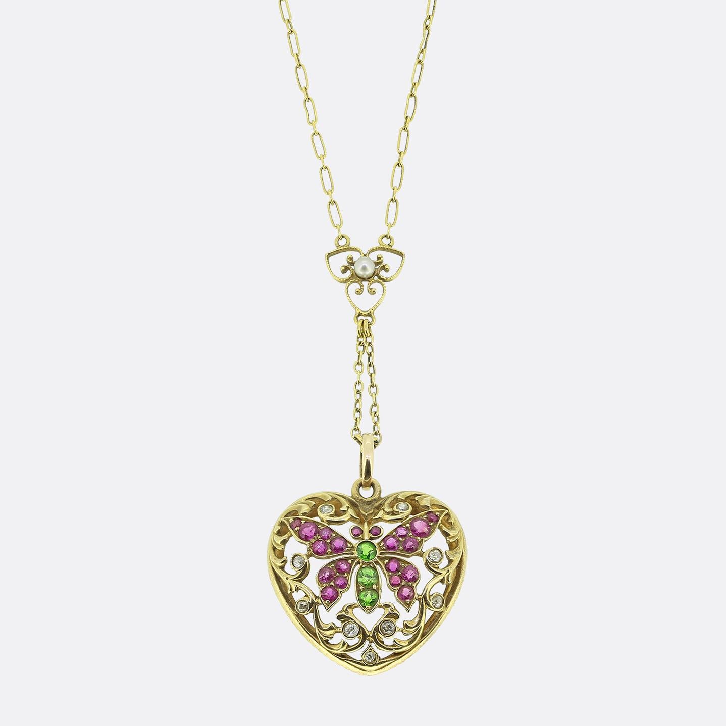 Victorian Demantoid Ruby Diamond and Pearl Heart Necklace