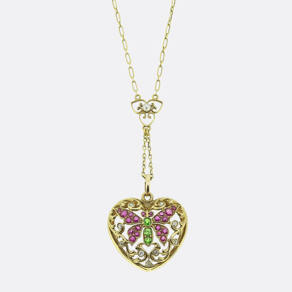 Victorian Demantoid Ruby Diamond and Pearl Heart Necklace