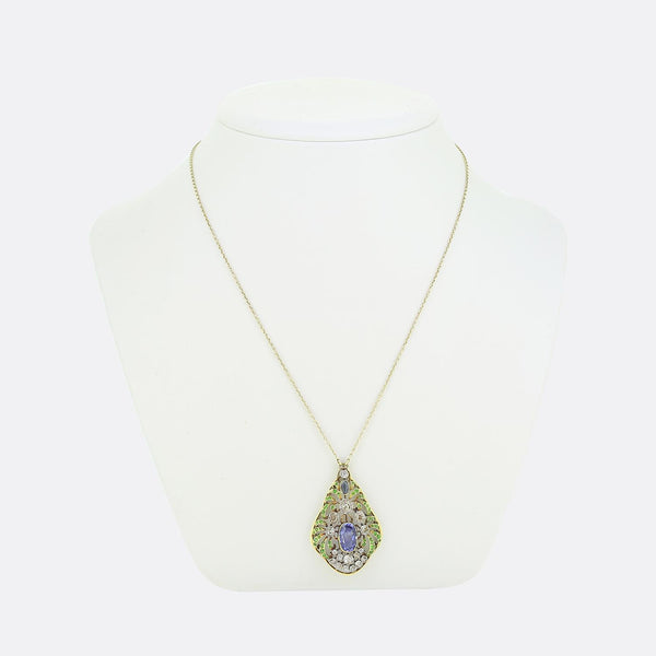 Art Nouveau Sapphire Diamond and Demantoid Garnet Pendant Necklace