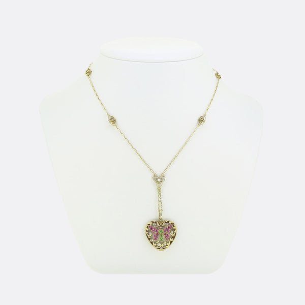 Victorian Demantoid Ruby Diamond and Pearl Heart Necklace