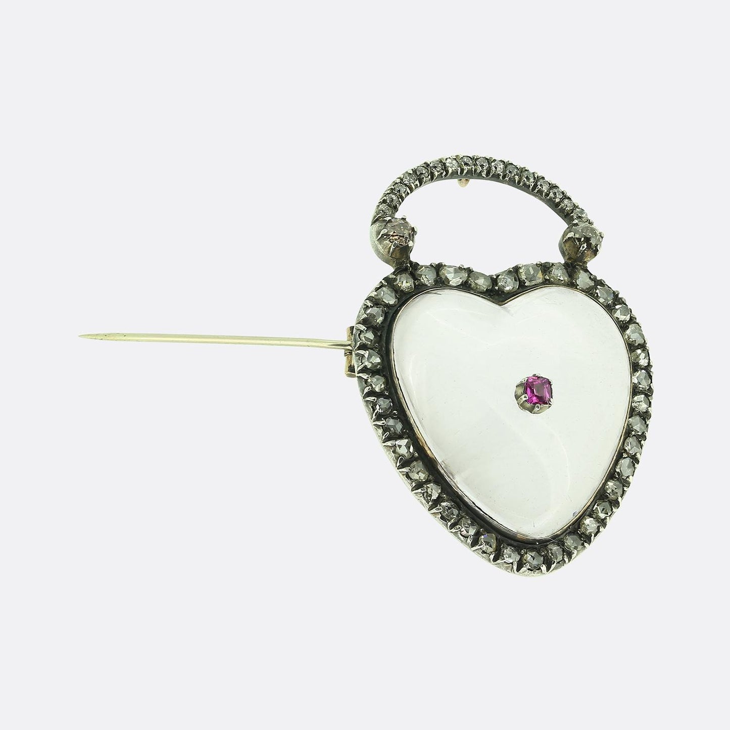 Georgian Ruby Diamond and Rock Crystal Heart Pendant Brooch