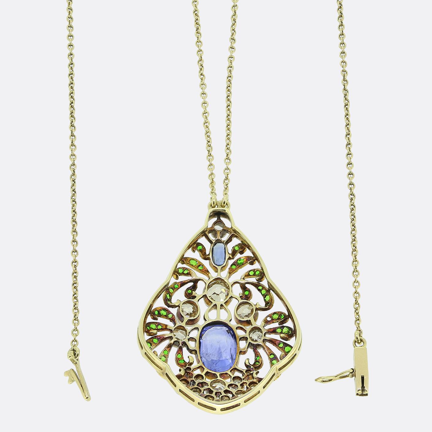 Art Nouveau Sapphire Diamond and Demantoid Garnet Pendant Necklace
