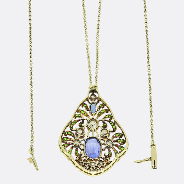 Art Nouveau Sapphire Diamond and Demantoid Garnet Pendant Necklace