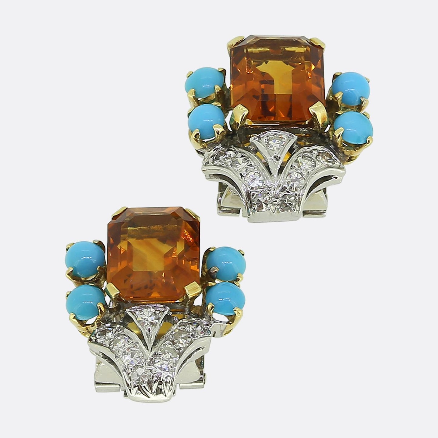 Retro Citrine Turquoise Diamond Earrings