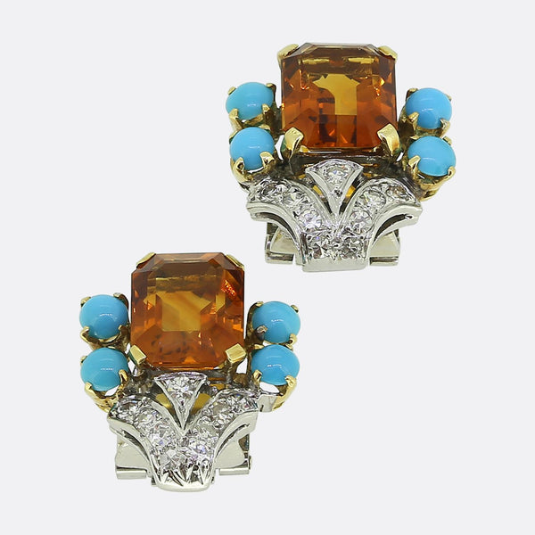 Retro Citrine Turquoise Diamond Earrings