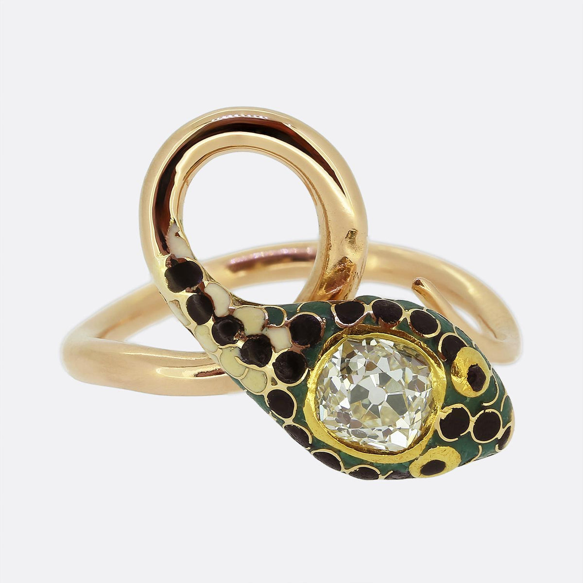 Antique 0.70 Carat Diamond Enamelled Snake Ring