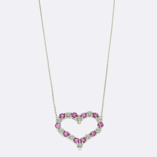 Tiffany & Co Large Pink Sapphire and Diamond Heart Pendant Necklace