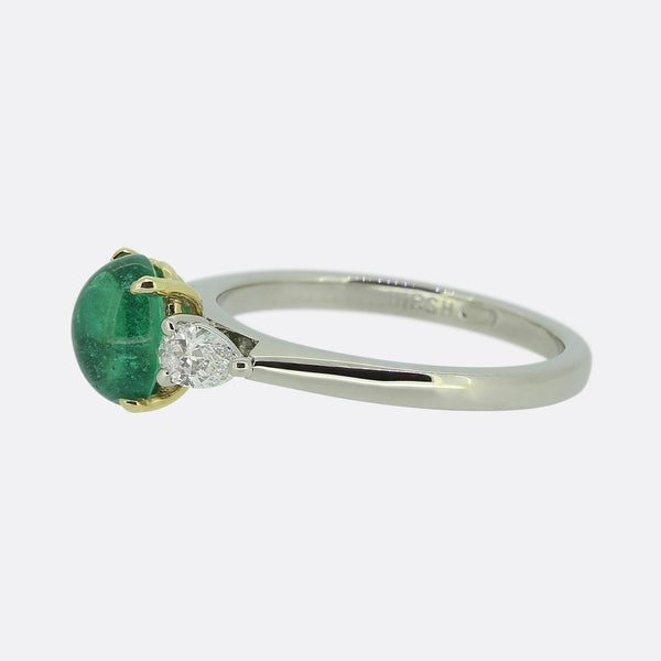 Hirsh Cabochon Emerald and Diamond Three-Stone Ring