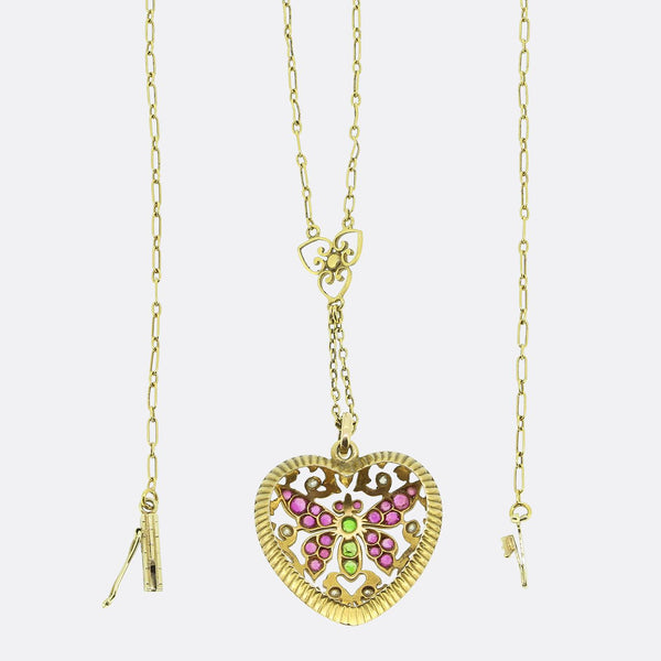 Victorian Demantoid Ruby Diamond and Pearl Heart Necklace