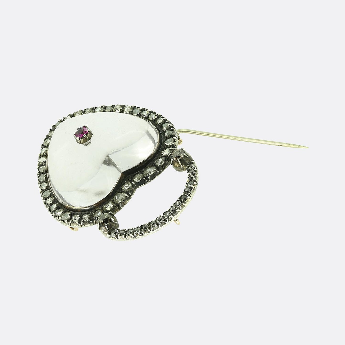 Georgian Ruby Diamond and Rock Crystal Heart Pendant Brooch