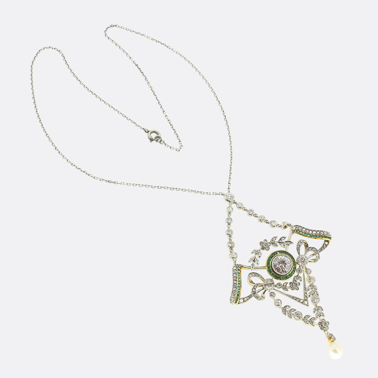 Art Deco Emerald Pearl and Diamond Lavalier Necklace