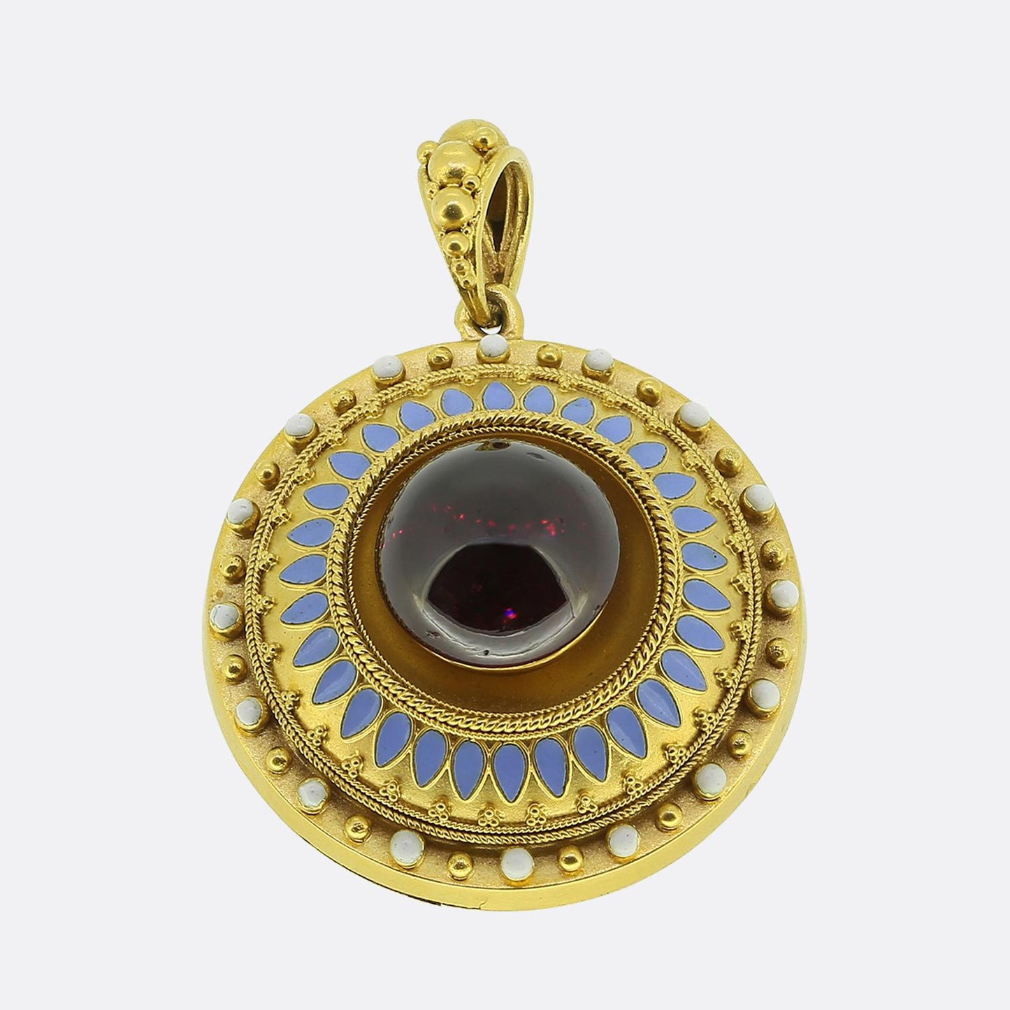 Victorian Etruscan Revival Cabochon Garnet and Enamel Locket Pendant