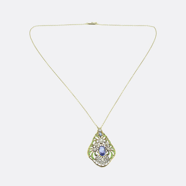 Art Nouveau Sapphire Diamond and Demantoid Garnet Pendant Necklace