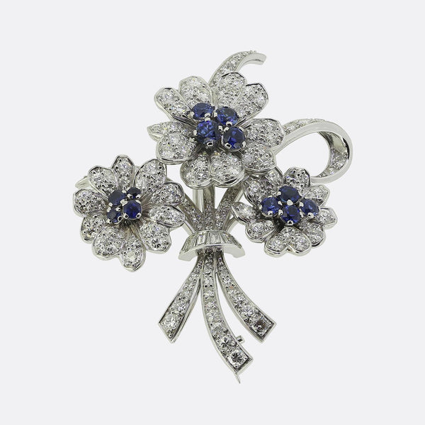 Vintage Sapphire and Diamond Flower Brooch