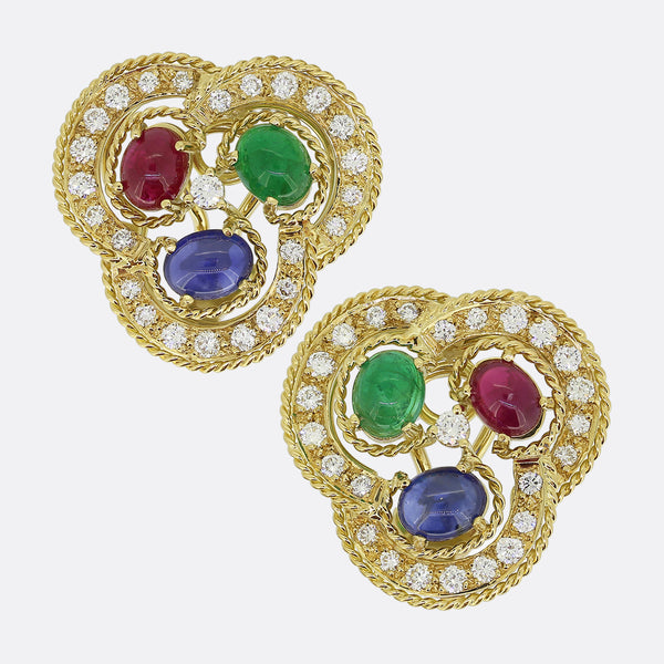 Vintage Multi Cabochon Gemstone and Diamond Earrings