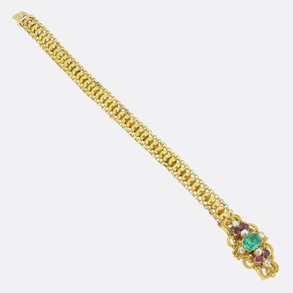 Georgian Emerald Pearl and Ruby Bracelet