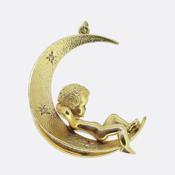 Vintage Boy on the Moon Sapphire and Diamond Crescent Pendant